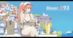  absurdres ah_(pixiv62888100) bag bare_legs bikini blue_sky blurry blurry_background breasts character_name cleavage cliff closed_mouth commentary cowboy_shot crossed_legs cup day dice drinking_glass drinking_straw english_commentary expressionless eyewear_on_head female food fruit girls&#039;_frontline glass green_eyes highres holding_dice letterboxed long_hair medium_breasts midriff navel official_alternate_costume orange_(fruit) orange_slice outdoors pink_hair ponytail r93_(girls&#039;_frontline) r93_(holiday_lucky_star)_(girls&#039;_frontline) ship side-tie_bikini_bottom sitting sky solo sunglasses swimsuit thighs watercraft white_bikini 