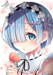  black_ribbon blue_eyes blue_hair blush breasts commentary female flower hair_ornament hair_over_one_eye hair_ribbon highres holding holding_flower looking_at_viewer maid maid_headdress open_mouth pink_ribbon portrait re:zero_kara_hajimeru_isekai_seikatsu red_flower rem_(re:zero) ribbon short_hair signature solo x_hair_ornament yanagi_uraba 