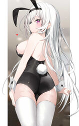  absurdres animal_ears ass bare_shoulders black_hairband black_leotard breasts commentary fake_animal_ears female hairband heart highres kamioka_shun&#039;ya large_breasts leotard long_hair original playboy_bunny purple_eyes rabbit_symbol rabbit_tail shiori_(kamioka_shun&#039;ya) solo strapless strapless_leotard symbol-only_commentary tail thighhighs thighs white_hair white_thighhighs white_wrist_cuffs wrist_cuffs 