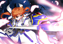  ban_(777purin) black_gloves black_shirt blouse brown_hair commentary_request cropped_jacket dress feathers female fingerless_gloves gauntlets gloves hair_ribbon holding holding_staff jacket juliet_sleeves light_particles long_dress long_sleeves lyrical_nanoha magical_girl mahou_shoujo_lyrical_nanoha mahou_shoujo_lyrical_nanoha_a&#039;s mahou_shoujo_lyrical_nanoha_the_movie_2nd_a&#039;s medium_hair partial_commentary puffy_sleeves purple_eyes raising_heart ribbon shirt solo staff standing takamachi_nanoha takamachi_nanoha_(exelion_mode) twintails v-shaped_eyebrows white_dress white_jacket white_ribbon wind 