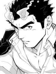  1boy bara covered_nipples fiery_horns fle0423 forked_eyebrows greyscale hair_slicked_back highres horns jacket jacket_on_shoulders long_sideburns looking_at_viewer male_focus monochrome muscular muscular_male partially_unbuttoned pectoral_cleavage pectorals sakimori_toji scar scar_on_cheek scar_on_face short_hair sideburns solo thick_eyebrows tokyo_afterschool_summoners upper_body 