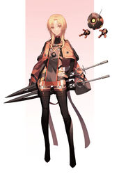  arm_at_side blonde_hair boots bridal_gauntlets coat coat_on_shoulders commentary_request crop_top drone female full_body hand_on_own_hip highres looking_at_viewer medium_hair original sheath sheathed short_hair_with_long_locks short_shorts shorts smile solo standing tabard tachi-e thigh_boots thighhighs tsuki-shigure weapon yellow_eyes 