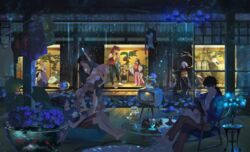  5girls 6+boys akechi_mitsuhide_(fate) alcohol alternate_costume animal_print architecture arts_shirt barefoot black_hair blonde_hair blunt_bangs bottle buster_shirt camisole canine chacha_(fate) chandelier chibi clothesline coaster commentary_request crazy_straw crossed_legs drinking_straw east_asian_architecture fate/grand_order fate_(series) fishbowl flower folding_fan food full_body furisode glass glass_table glass_teacup glass_teapot glasses grey_hair hand_fan hat heart_straw highres hijikata_toshizou_(fate) hime_cut holding holding_fan holding_person hug hydrangea japanese_clothes jinbei_(clothes) kimono koha-ace layered_clothes layered_kimono leg_hair leopard_print lizard long_hair long_sleeves military_hat mori_nagayoshi_(fate) multicolored_hair multiple_boys multiple_girls nagao_kagetora_(fate) oda_nobukatsu_(fate) oda_nobunaga_(fate) oda_nobunaga_(swimsuit_berserker)_(fate) oda_nobunaga_(swimsuit_berserker)_(first_ascension)_(fate) oda_uri okada_izou_(dog)_(fate) okada_izou_(fate) okita_souji_(fate) okita_souji_(koha-ace) oryou_(fate) pants paper_fan parfait partial_commentary peaked_cap pink_hair plant ponytail popsicle potted_plant quick_shirt rain reading reclining red_hair sakamoto_ryouma_(fate) sake sake_bottle seiza shirt short_hair sitting sleeping sliding_doors standing straight_hair streaked_hair t-shirt table teapot television topknot toyotomi_hideyoshi_(fate) very_long_hair warabi_tama wide_sleeves wrestling 