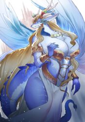  anthro big_breasts blonde_hair blue_body blue_scales breasts chest_tuft cleavage clothed clothing dragon duel_monster female hair hi_res huge_breasts mythological_creature mythological_scalie mythology passionpit777 saffira_queen_of_dragons scales scalie solo tail tuft yu-gi-oh! 