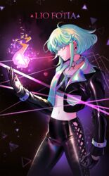  1boy bae_(baebae) character_name collar crop_top earrings gloves green_hair half_gloves highres jewelry lio_fotia male_focus midriff navel pants promare purple_eyes solo 