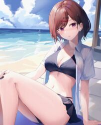  beach bikini bikini_skirt black_bikini black_nails breasts brown_hair cleavage collared_shirt danraz0r day earpiece english_commentary feet_out_of_frame female hair_ornament hairclip hand_on_own_knee highres higuchi_madoka idolmaster idolmaster_shiny_colors legs looking_at_viewer medium_breasts mole mole_under_eye nail_polish navel open_clothes open_shirt outdoors parted_lips purple_eyes shirt short_hair short_sleeves sitting solo stomach swimsuit thighs wet white_shirt 