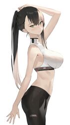  absurdres arm_up black_hair breasts commentary crop_top expressionless female from_side hand_on_own_head highres large_breasts long_hair looking_at_viewer mamima midriff original pants ponytail simple_background solo standing symbol-only_commentary white_background yoga_pants 