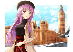  alternate_costume beret bird black_shirt blurry blurry_background border casual cloud cloudy_sky commentary_request contemporary day elizabeth_tower european_architecture female hair_between_eyes hat jacket long_hair looking_away open_clothes open_jacket outdoors partial_commentary patchouli_knowledge plaid plaid_skirt purple_eyes purple_hair ram_hachimin real_world_location red_skirt shirt skirt sky solo touhou westminster_palace 