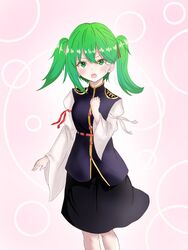  alternate_hairstyle asymmetrical_hair atodashi bad_id bad_twitter_id black_skirt black_vest blush commentary_request epaulettes feet_out_of_frame female gold_trim green_eyes green_hair hand_on_own_chest highres long_sleeves looking_at_viewer medium_hair no_headwear pink_background shiki_eiki skirt solo standing touhou twintails twintails_day v-shaped_eyebrows vest wide_sleeves 