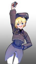  alison_(alison_airlines) arm_up blonde_hair blush brown_coat coat collared_coat cowboy_shot erica_hartmann female gradient_background grey_background highres long_sleeves looking_at_viewer open_mouth pants pervitin shadow short_hair smile solo strike_witches white_background white_pants world_witches_series 