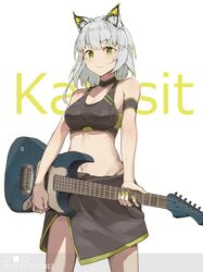  absurdres animal_ears arknights armband artist_name black_armband black_skirt black_sports_bra blush cat_ears character_name chinese_commentary commentary electric_guitar female fender_mustang green_eyes green_hair green_nails grey_hair guitar highres instrument kal&#039;tsit_(arknights) looking_at_viewer medium_hair miniskirt multicolored_hair navel raised_eyebrows reisen13 simple_background skirt solo sports_bra two-tone_hair white_background 