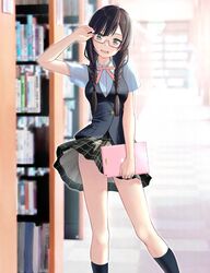  :d adjusting_eyewear black_eyes black_skirt black_socks blue_shirt blue_vest blurry blurry_background bookshelf braid breasts brown_hair commentary_request feet_out_of_frame female glasses highres holding holding_tablet_pc kneehighs long_hair looking_at_viewer love_live! love_live!_nijigasaki_high_school_idol_club nakagawa_nana plaid puriketsu_corgy school_uniform semi-rimless_eyewear shirt short_sleeves skirt smile socks solo standing summer_uniform tablet_pc twin_braids vest yuki_setsuna_(love_live!) 