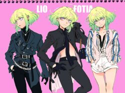  1boy androgynous bae_(baebae) bag character_name earrings fashion gloves green_hair half_gloves handbag highres jacket jewelry lio_fotia male_focus necklace pink_background promare shorts simple_background solo 