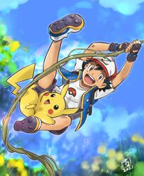  1boy baseball_cap black_gloves black_hair brown_eyes commentary_request dated day fingerless_gloves gloves hat highres jacket male_focus marufuji_hirotaka open_clothes open_jacket open_mouth outdoors pikachu plant pokemon pokemon_(anime) pokemon_(creature) pokemon_the_movie:_secrets_of_the_jungle satoshi_(pokemon) shirt shoes short_sleeves shorts sleeveless sleeveless_jacket smile teeth tongue vines white_shirt 