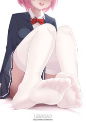  blush bow bowtie breasts feet female foot_focus highres legs lenxiao long_sleeves no_shoes original pink_hair pleated_skirt red_bow red_bowtie school_uniform see-through see-through_legwear sitting skirt soles solo thighhighs toes uniform white_thighhighs 