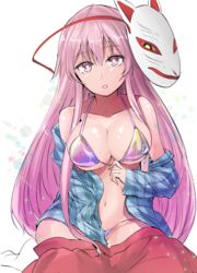  bare_shoulders bikini blue_shirt breasts clothes_pull commentary_request female fox_mask hair_between_eyes hata_no_kokoro highres large_breasts long_hair long_sleeves looking_at_viewer mask mask_on_head navel off_shoulder open_clothes open_shirt parted_lips pink_eyes pink_hair pink_skirt purple_bikini revision shirt sidelocks simple_background skirt skirt_pull solo stomach swimsuit touhou very_long_hair white_background y2 