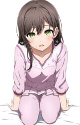  absurdres arms_at_sides bang_dream! bed_sheet blurry blush breasts brown_hair cleavage collarbone commentary depth_of_field female green_eyes hair_behind_ear hair_between_eyes hanazono_tae highres knees_out_of_frame long_hair long_sleeves looking_at_viewer noshimurin pajamas pants parted_lips pink_pajamas pink_pants pink_shirt seiza shirt simple_background single_sidelock sitting small_breasts smile solo thigh_gap white_background 