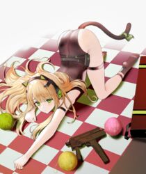  ah_(pixiv62888100) all_fours animal_ear_headphones animal_ears ankle_strap arm_strap ass black_footwear black_leotard blonde_hair blush bow cat_ear_headphones cat_ears cat_tail checkered_floor clenched_hands closed_mouth commentary english_commentary fake_animal_ears fake_tail female full_body girls&#039;_frontline green_bow green_eyes gun headphones highres leotard long_hair looking_at_viewer simple_background sleeveless socks solo submachine_gun tail tail_bow tail_ornament tareme thigh_strap thighs tmp_(girls&#039;_frontline) top-down_bottom-up weapon white_background yarn yarn_ball 