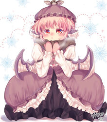  animal_ear_fluff animal_ears blush breath dress female full_body hat kemo_chiharu long_sleeves looking_at_viewer mittens mob_cap mystia_lorelei pink_hair puffy_long_sleeves puffy_sleeves red_eyes short_hair snowflakes solo touhou visible_air wings 