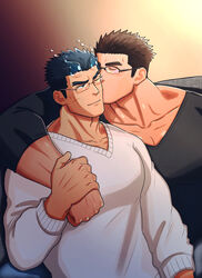  2boys absurdres alternate_pectoral_size arm_around_shoulder bara black_hair black_shirt blush couch couple cover cover_page fiery_horns fle0423 glasses hair_slicked_back highres holding_hands horns kissing kissing_cheek large_pectorals male_focus multiple_boys muscular muscular_male novel_cover on_couch pectoral_cleavage pectorals protagonist_3_(housamo) sakimori_toji scar scar_on_cheek scar_on_face shirt short_hair sideburns sweater tokyo_afterschool_summoners upper_body v-neck white_sweater yaoi 