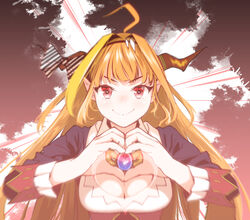  ahoge black_hairband black_jacket blonde_hair blush bow breasts brooch cleavage cleavage_cutout clothing_cutout collared_shirt diagonal-striped_bow diagonal_stripes dragon_girl dragon_horns female gem hairband hands_up heart heart_hands heart_in_eye highres hololive horn_bow horn_ornament horns jacket jewelry kiryu_coco kiryu_coco_(1st_costume) large_breasts long_hair looking_at_viewer multicolored_hair orange_hair pointy_ears pre3445 red_eyes shirt smile solo striped striped_bow symbol_in_eye upper_body v-shaped_eyebrows virtual_youtuber white_shirt 