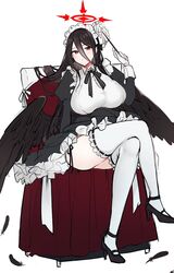  alternate_costume black_hair blue_archive breasts crossed_legs emirio_(emirio110) enmaided feathered_wings feathers female hair_between_eyes halo hasumi_(blue_archive) high_heels highres huge_breasts long_hair looking_at_viewer maid maid_headdress panties red_eyes side-tie_panties sitting solo thighhighs underwear white_thighhighs wings 