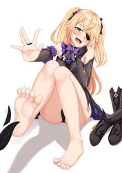  :d absurdres arm_garter ass asymmetrical_legwear bare_shoulders barefoot black_bow black_dress black_footwear black_gloves black_panties black_sleeves blonde_hair blue_bow blue_bowtie blush boots bow bowtie breasts detached_sleeves dress elbow_gloves eyepatch feathers feet female fischl_(genshin_impact) foot_focus foreshortening full_body genshin_impact gloves hair_between_eyes hairbow hands hands_up highres jewelry knees_up kurisu-kun legs long_hair long_sleeves looking_at_viewer mandarin_collar mismatched_legwear open_mouth panties ring sidelocks sitting small_breasts smile soles solo strap teeth tickling tickling_feet toes tongue two_side_up underwear white_background yellow_eyes 