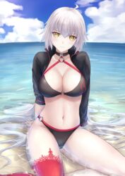  absurdres ahoge beach bikini black_bikini black_choker black_jacket blue_sky blush breasts choker cleavage closed_mouth collarbone cropped_jacket day fate/grand_order fate_(series) female highres jacket jeanne_d&#039;arc_alter_(fate) jeanne_d&#039;arc_alter_(swimsuit_berserker)_(fate) large_breasts long_hair long_sleeves looking_at_viewer md5_mismatch navel o-ring o-ring_bikini ocean okuma707 outdoors pale_skin red_thighhighs single_thighhigh sitting sky solo stomach swimsuit thighhighs thighs very_long_hair white_hair yellow_eyes 