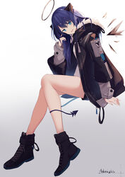  :d absurdres arknights bare_legs black_footwear black_jacket blue_eyes blue_hair boots commentary copyright_name female full_body fur-trimmed_jacket fur_trim gradient_background grey_background halo highres horns jacket long_hair long_sleeves looking_at_viewer mizu_(lzzrwi603) mostima_(arknights) open_mouth sitting smile solo tail thighs white_background 