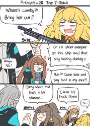  1boy 4girls aiming amiya_(arknights) anger_vein arknights ascot bangs black_jacket blonde_hair blue_neckwear blush brown_eyes brown_hair censored_text commentary crossover doctor_(arknights) ear_grab english_commentary english_text eyebrows_visible_through_hair fabarm_sat-8 girls_frontline grey_hair guin_guin gun hair_ornament hairband handgun high_ponytail holding holding_gun holding_weapon hood hood_down hooded_jacket italian_flag_neckwear italian_text jacket long_hair maid_headdress multiple_girls muscle object_namesake oerba_yun_fang old_man one_eye_closed open_clothes open_jacket open_mouth orange_hairband parted_lips pistol ponytail ppk_(girls_frontline) profanity s.a.t.8_(girls_frontline) scar scar_across_eye short_sleeves shotgun sweat ump45_(girls_frontline) v-shaped_eyebrows very_long_hair walther walther_ppk weapon x_hair_ornament 