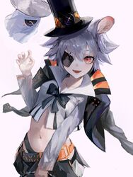  :d animal_ears arknights belt black_bow black_bowtie black_hat black_jacket black_skirt bow bowtie click_(arknights) click_(grave_thief)_(arknights) collarbone cowboy_shot crop_top cropped_jacket drone female floating glint grey_hair hat highres jacket jacket_on_shoulders long_sleeves looking_at_viewer midriff miniskirt mouse_ears navel official_alternate_costume one_eye_covered open_mouth red_eyes sankichi_(croquette_crab) shirt short_hair simple_background skirt smile solo top_hat white_background white_shirt 