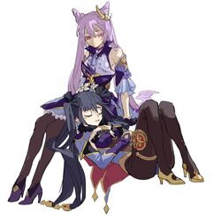  2girls absurdres bad_id bad_twitter_id bare_shoulders bow cape choker closed_eyes cone_hair_bun dress full_body fur_trim genshin_impact gloves hair_bun hair_ornament hairbow hairclip high_heels highres keqing_(genshin_impact) kurattes lap_pillow leotard mona_(genshin_impact) multiple_girls open_mouth purple_eyes purple_hair simple_background sleeping twintails white_background yuri 