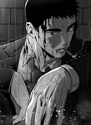  1boy against_wall beware_the_ides_of_march black_eyes black_hair blood blood_on_face chlthd_990 cigarette close-up collared_jacket collared_shirt highres injury jacket korean_commentary looking_at_viewer male_focus manly mature_male monochrome necktie original park_mok-hwa rain shirt smoke smoking solo thick_eyebrows upper_body veins veiny_hands wet wet_clothes 