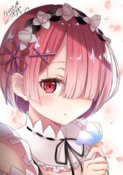  black_ribbon blue_flower blue_hair blush commentary female flower frown hair_ornament hair_over_one_eye hair_ribbon highres holding holding_flower looking_at_viewer maid maid_headdress pink_hair purple_ribbon ram_(re:zero) re:zero_kara_hajimeru_isekai_seikatsu red_eyes ribbon roswaal_mansion_maid_uniform short_hair signature solo x_hair_ornament yanagi_uraba 