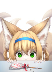  absurdres animal_ears arknights blonde_hair blue_hairband braid candy covered_mouth female food fox_ears fox_girl fox_tail green_eyes hairband highres lolicon lollipop looking_at_viewer multiple_tails nikenikeniki1 peeping portrait shadow short_hair sidelocks simple_background solo suzuran_(arknights) tail white_background wrapped_candy wrapped_lollipop 