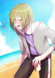  1boy beach beer_can black_shorts blue_sky blush brown_hair can cloud day drink_can dutch_angle green_eyes grey_jacket jacket jewelry kimura_shiki male_focus necklace ocean one_eye_closed outdoors shiroi_suna_no_aquatope shorts sky solo standing star_(symbol) twitter_username yakamashi_kuuya 