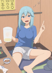  :d alternate_costume aqua_(konosuba) blue_eyes blue_hair blue_shirt blush breasts chopsticks commentary contemporary drunk female food holding izakaya kono_subarashii_sekai_ni_shukufuku_wo! large_breasts legs long_hair looking_at_viewer no_panties open_mouth salpin shirt shorts smile solo squeans teeth upper_teeth_only upshorts white_shorts 