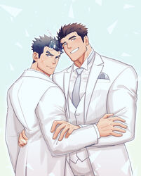  2boys absurdres alternate_costume bara blue_hair blush brown_hair cross_scar fiery_horns fle0423 formal grey_necktie hair_slicked_back hand_on_another&#039;s_arm hand_on_another&#039;s_waist highres horns husband_and_husband male_focus multiple_boys muscular muscular_male necktie protagonist_3_(housamo) sakimori_toji scar short_hair sideburns smile suit tokyo_afterschool_summoners undershirt upper_body wedding white_suit yaoi 