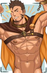  1boy abs bad_id bad_pixiv_id bara bare_pectorals blush brown_cloak brown_hair chest_harness cloak collar facial_hair flaming_eyes flexing goatee harness heracles_(housamo) highres large_pectorals long_sideburns male_focus metal_collar muscular muscular_male navel nipples one_eye_closed pectorals pose scar scar_on_chest short_hair sideburns solo stomach tachikawa_(hawk_003) tokyo_afterschool_summoners upper_body 