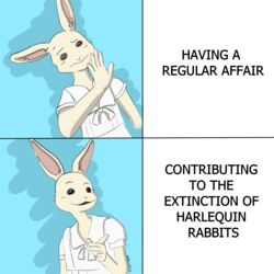  1:1 2020 adrunkturtle anthro beastars bodily_fluids clothed clothing domestic_rabbit drakeposting dwarf_rabbit english_text female fur gesture hand_gesture haru_(beastars) hi_res hotline_bling humor lagomorph leporid mammal meme oryctolagus pointing rabbit signature smile solo sweat sweatdrop text white_body white_fur 