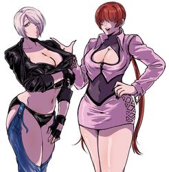  2girls angel_(kof) backless_pants blue_eyes bra breasts chaps cleavage cleavage_cutout clothing_cutout covered_eyes crop_top cropped_jacket earrings fingerless_gloves gloves hair_over_eyes hair_over_one_eye hand_on_own_thigh hasuda_kunkun jacket jewelry large_breasts leather leather_jacket lips lipstick looking_at_viewer makeup midriff miniskirt multiple_girls navel panties pants pink_jacket red_hair shermie_(kof) short_hair skirt snk split_ponytail strapless strapless_bra the_king_of_fighters the_king_of_fighters_&#039;97 the_king_of_fighters_xiv toned underwear white_hair 