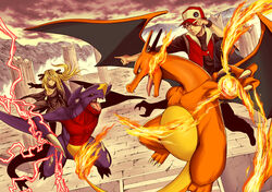  1boy absurdres aerial_battle baseball_cap battle blonde_hair breasts brown_hair charizard cleavage commentary_request cynthia_(pokemon) dragon female fire flame-tipped_tail flying garchomp hair_ornament hair_over_one_eye hand_on_headwear hat highres long_hair looking_at_another mountain outdoors outstretched_arm pointing pokemon pokemon_(creature) pokemon_battle pokemon_dppt pokemon_masters_ex red_(pokemon) red_(sygna_suit)_(pokemon) red_hayao riding riding_pokemon smile stone_floor 