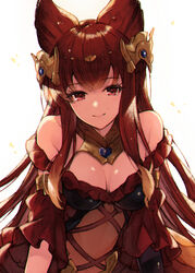  animal_ears anthuria bad_id bad_pixiv_id bare_shoulders black_gloves blush breasts cleavage commentary_request dress elbow_gloves erune female gloves granblue_fantasy hair_ornament highres koretsuki_azuma large_breasts long_hair looking_at_viewer partial_commentary red_dress red_eyes red_hair simple_background single_elbow_glove single_glove smile solo white_background 