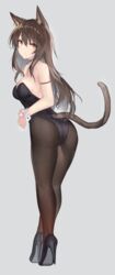  absurdres animal_ears arknights arm_strap ass bare_shoulders black_choker black_footwear black_leotard blush brown_hair brown_pantyhose cat_ears cat_girl cat_tail choker closed_mouth female full_body grey_background high_heels highres leotard long_hair orange_eyes own_hands_together pantyhose playboy_bunny simple_background skyfire_(arknights) solo strapless strapless_leotard tail tail_through_clothes twisted_torso wrist_cuffs yki 