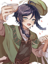  1boy ahoge black_hair blurry blurry_background blush braid cape cup genshin_impact green_cape green_hat hair_between_eyes hat highres holding holding_cup looking_at_viewer male_focus official_alternate_costume open_mouth petals simple_background solo suikou_(genshin_impact) twin_braids unacha upper_body venti_(genshin_impact) white_background 