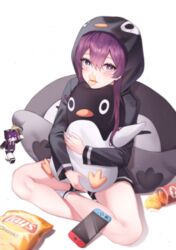  absurdres animal_hood bad_id bad_pixiv_id bare_legs black_hoodie blue_eyes blush bright_pupils chips_(food) commentary cushion ear_piercing female figure food full_body hair_between_eyes heterochromia highres holding holding_stuffed_toy hood hood_up hoodie julius_pringles lay&#039;s_(potato_chips) long_hair long_sleeves looking_at_viewer luxiel minecraft mouth_hold nintendo_switch original penguin_hood piercing potato_chips pringles pringles_can purple_eyes purple_hair simple_background sitting socks solo stuffed_animal stuffed_penguin stuffed_toy symbol-only_commentary white_background white_socks 