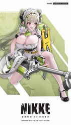  antenna_hair apron artist_request breasts chest_harness cleavage commentary_request copyright_name dore_(gilles_dore) double_bun dress female frilled_apron frills full_body goddess_of_victory:_nikke green_hair grid_background gun hair_bun hair_ornament hairclip harness heavy_machine_gun highres holding holding_gun holding_weapon large_breasts machine_gun maid maid_headdress mary_janes mole mole_on_breast official_art on_one_knee pink_eyes second-party_source shoes sleeveless sleeveless_dress soda_(nikke) solo teeth thighhighs twintails two-tone_gloves upper_teeth_only weapon white_thighhighs zoom_layer 