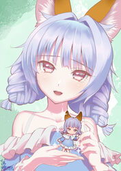  :d animal_ear_fluff animal_ears artist_name bare_shoulders blue_dress blue_hair brown_eyes collarbone commentary_request dress elin female frilled_dress frills hair_intakes hands_up head_tilt highres kumehara_chiyota long_sleeves looking_at_viewer off-shoulder_dress off_shoulder open_mouth signature smile solo tera_online upper_body 