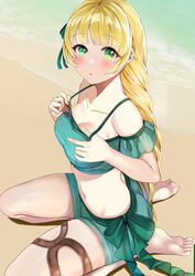  absurdres ass bare_legs bare_shoulders barefoot beach bikini blonde_hair blush breasts cleavage collarbone commentary_request female fire_emblem fire_emblem:_three_houses fire_emblem_heroes green_bikini green_eyes green_ribbons green_shorts hair_ribbon highres ingrid_brandl_galatea ingrid_brandl_galatea_(summer) long_hair looking_at_viewer medium_breasts navel off-shoulder_bikini off_shoulder official_alternate_costume ribbon seiza short_shorts short_sleeves shorts sitting solo stomach swimsuit tara_(szzj7733) thighs toes very_long_hair 