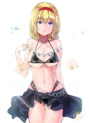  alice_margatroid bare_arms bare_shoulders bikini bikini_skirt black_bikini black_skirt blonde_hair blue_eyes breasts commentary_request cowboy_shot criss-cross_halter female hair_between_eyes hairband halterneck hand_up highleg highleg_bikini highres large_breasts looking_at_viewer medium_hair parted_lips red_hairband simple_background skirt solo standing swimsuit thighs touhou white_background y2 